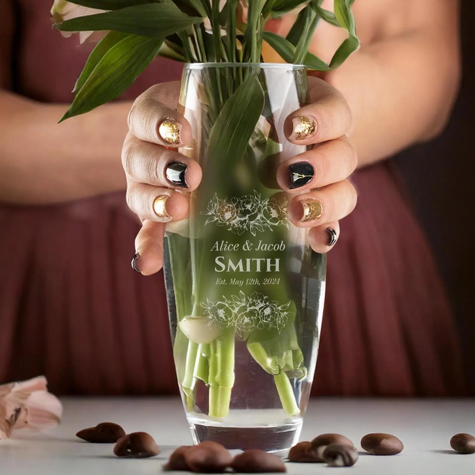 Close-up of engraving on a glass vase