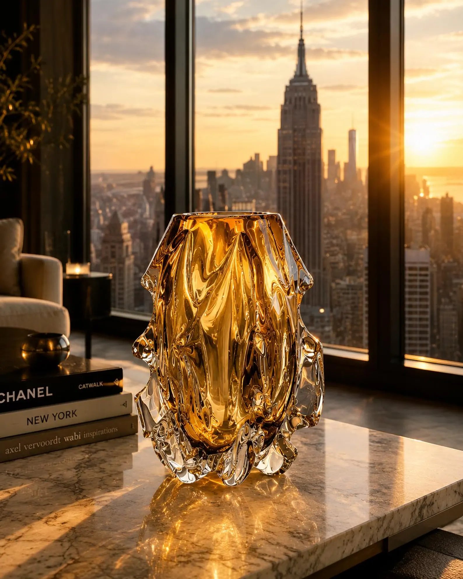 Sculptural amber crystal vase on a styled table