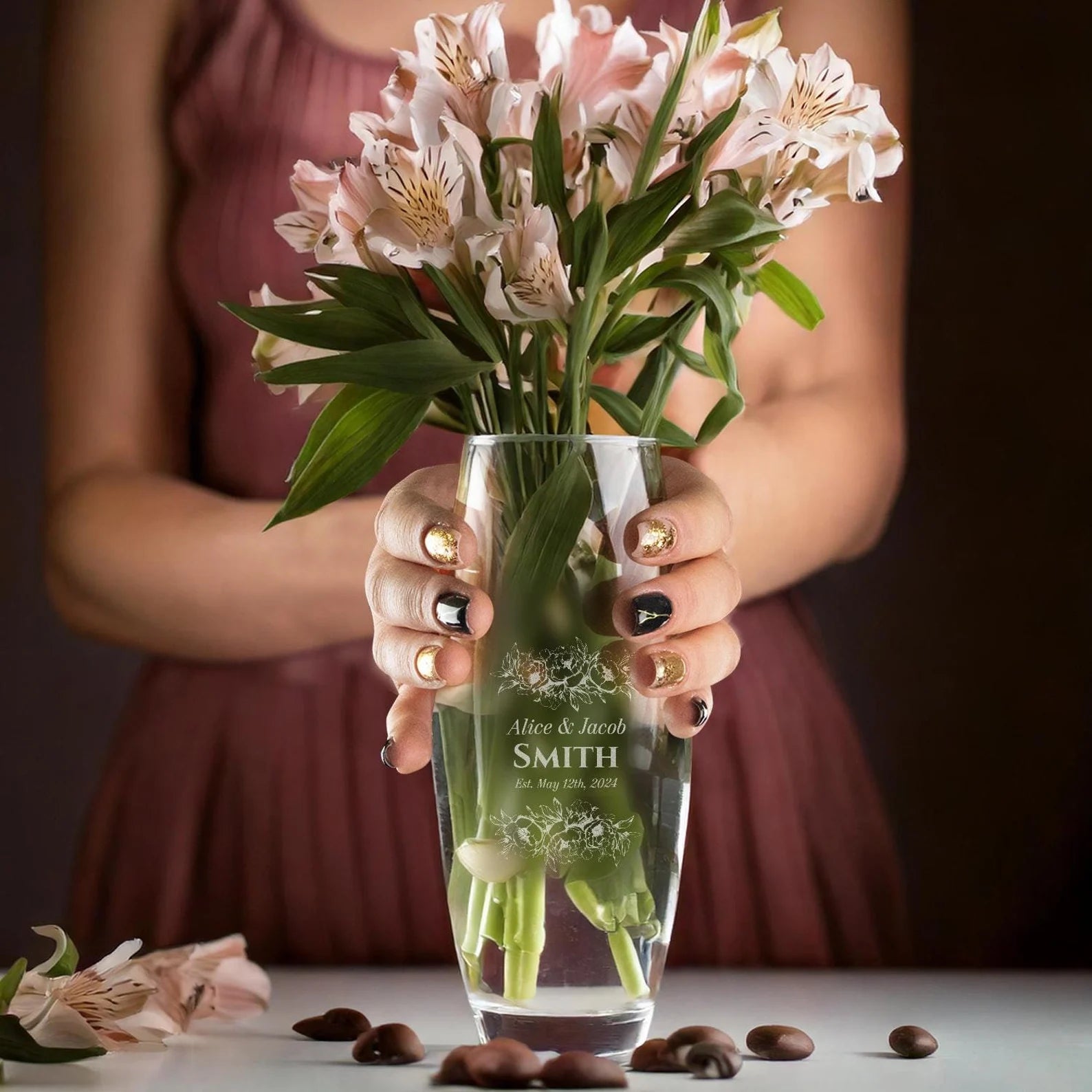 Personalized engraved glass anniversary vase by Aurelia Flowers