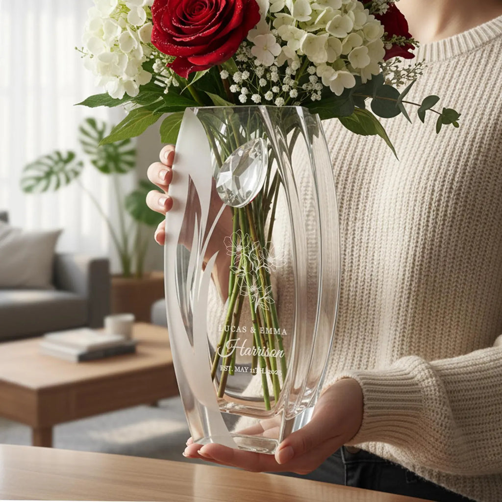 Personalized engraved crystal glass wedding vase by Aurelia Flowers