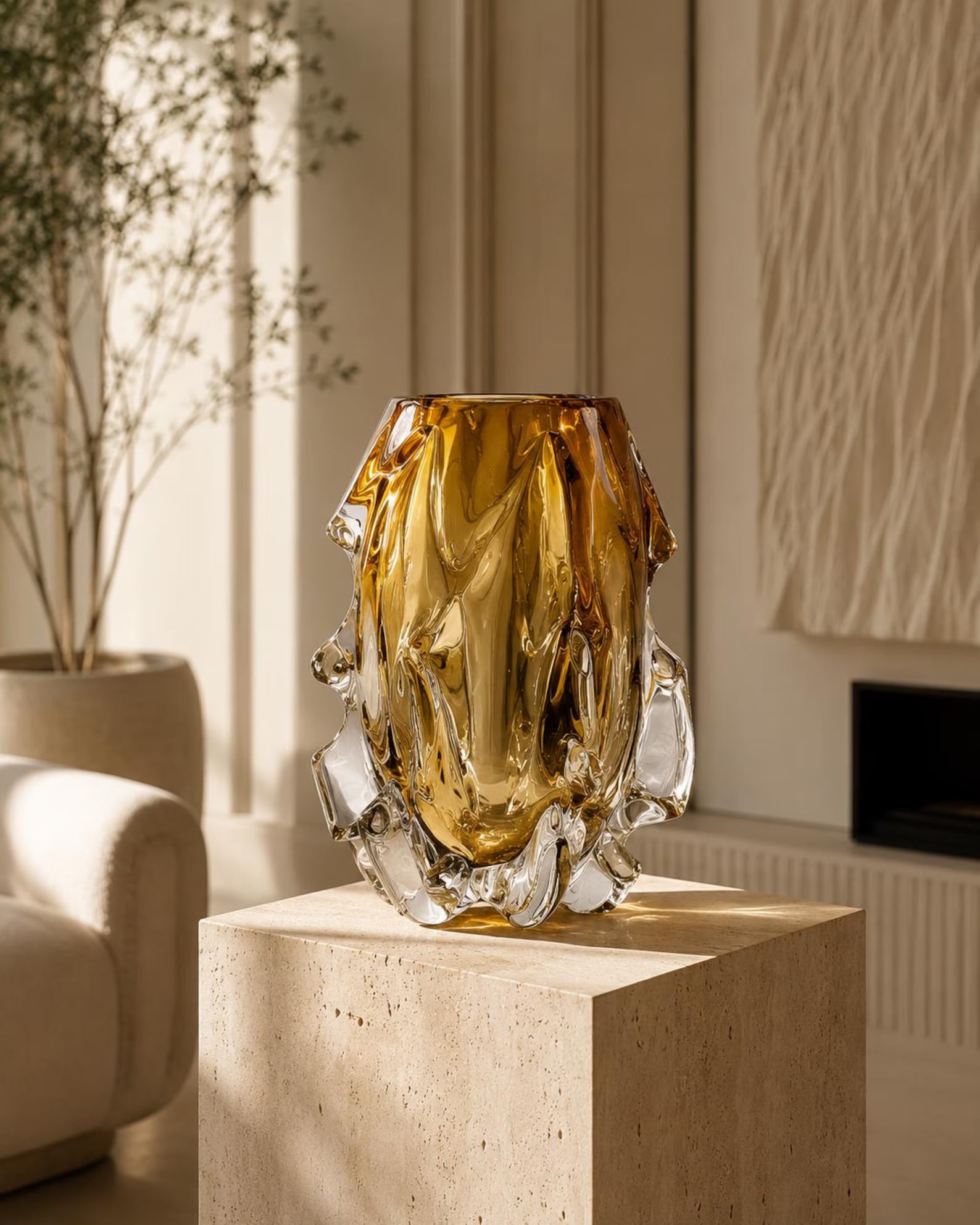 Luxury Crystal Glass Vase, Modern Art Glass Vase, Amber Gold Decorative Vase, Sculptural Centerpiece, Elegant Home Decor, Housewarming Gift