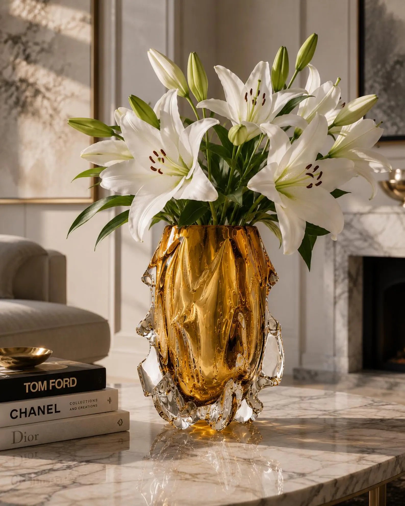 Luxury Crystal Glass Vase, Modern Art Glass Vase, Amber Gold Decorative Vase, Sculptural Centerpiece, Elegant Home Decor, Housewarming Gift