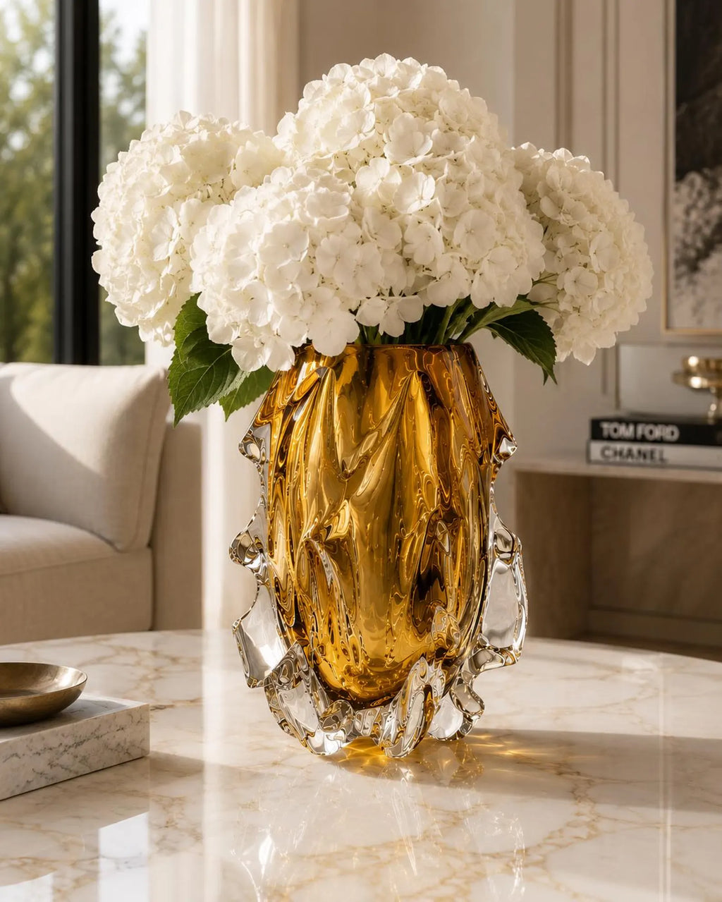 Luxury Crystal Glass Vase, Modern Art Glass Vase, Amber Gold Decorative Vase, Sculptural Centerpiece, Elegant Home Decor, Housewarming Gift