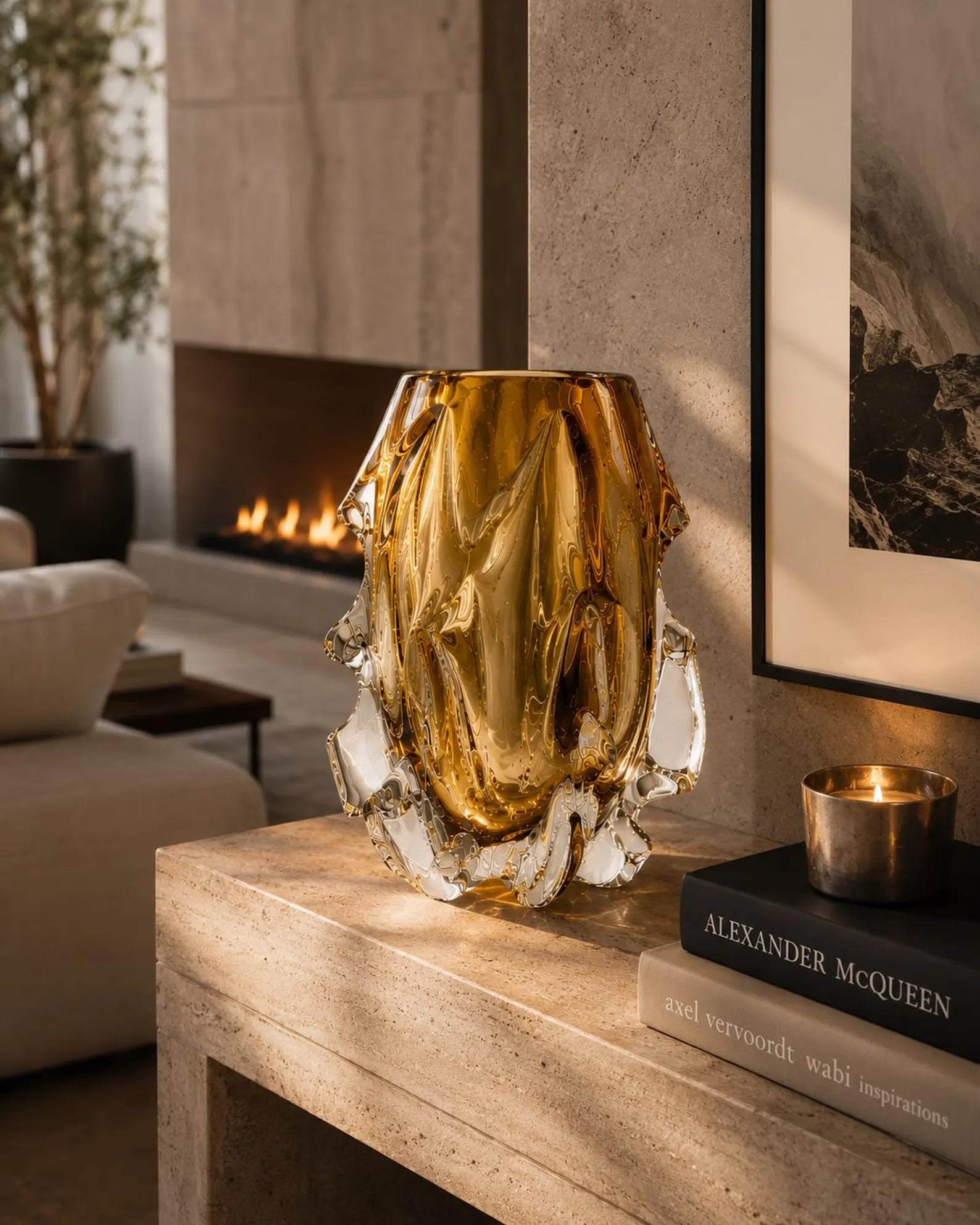 Luxury Crystal Glass Vase, Modern Art Glass Vase, Amber Gold Decorative Vase, Sculptural Centerpiece, Elegant Home Decor, Housewarming Gift