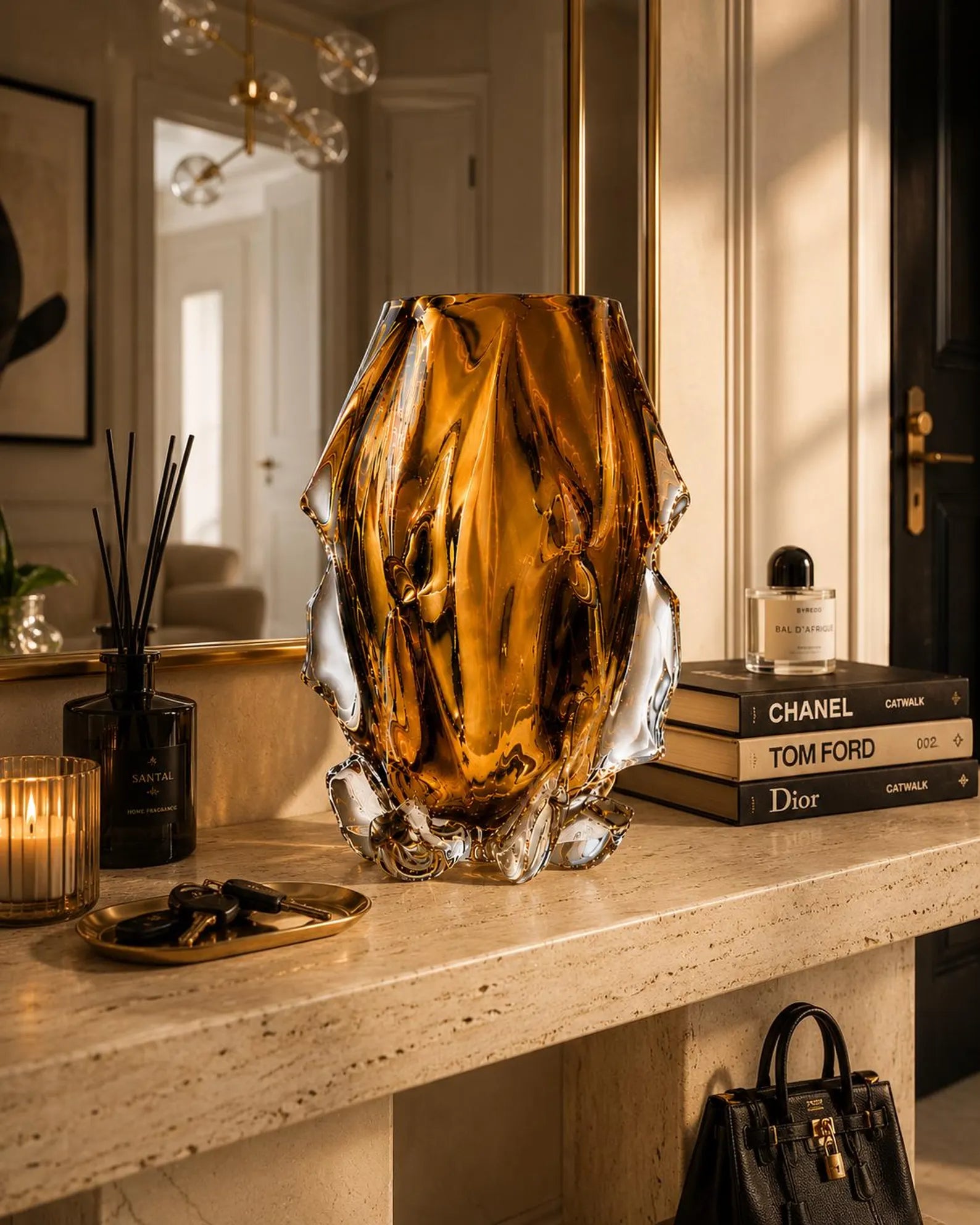 Luxury Crystal Glass Vase, Modern Art Glass Vase, Amber Gold Decorative Vase, Sculptural Centerpiece, Elegant Home Decor, Housewarming Gift