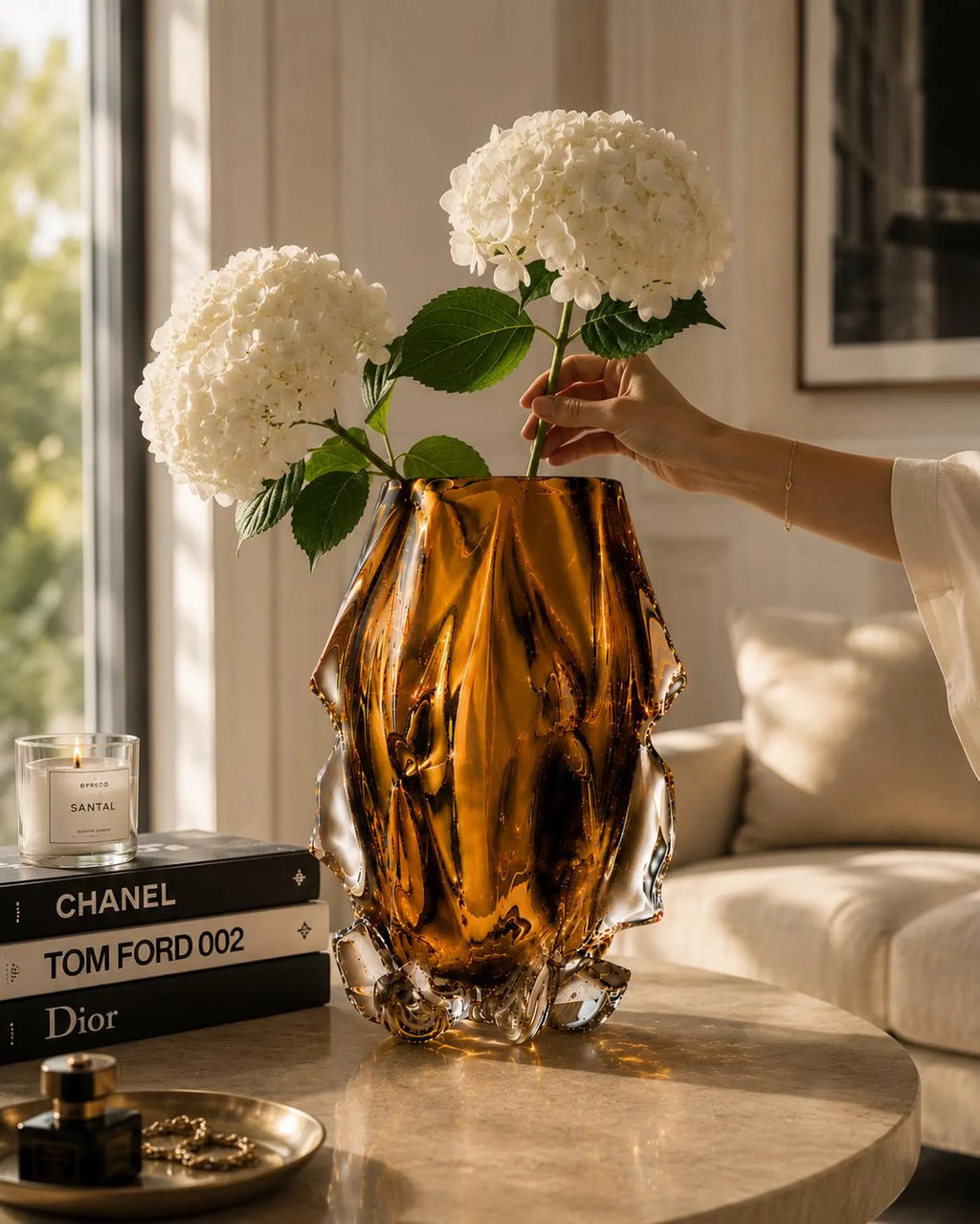 Luxury Crystal Glass Vase, Modern Art Glass Vase, Amber Gold Decorative Vase, Sculptural Centerpiece, Elegant Home Decor, Housewarming Gift