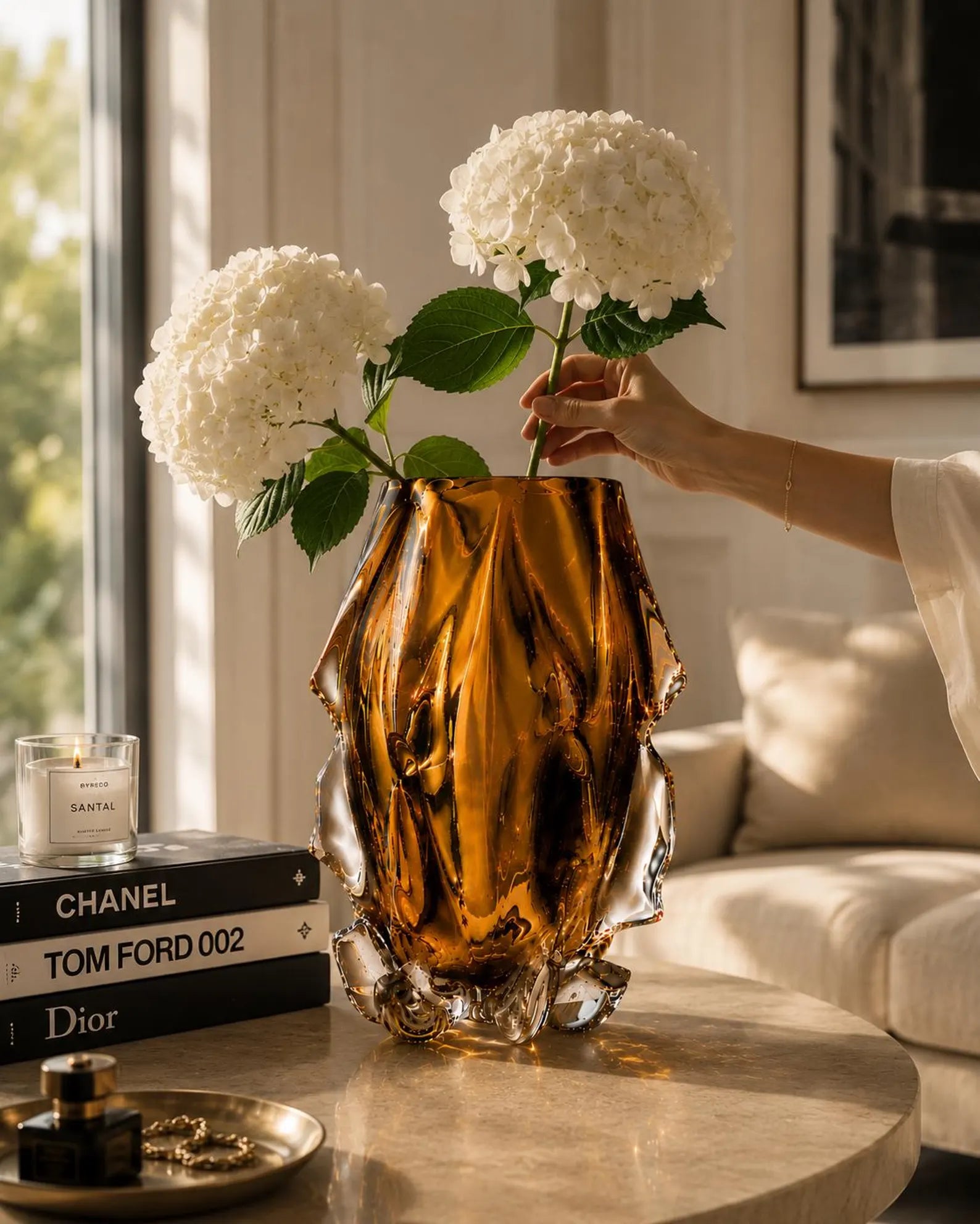 Luxury Crystal Glass Vase, Modern Art Glass Vase, Amber Gold Decorative Vase, Sculptural Centerpiece, Elegant Home Decor, Housewarming Gift