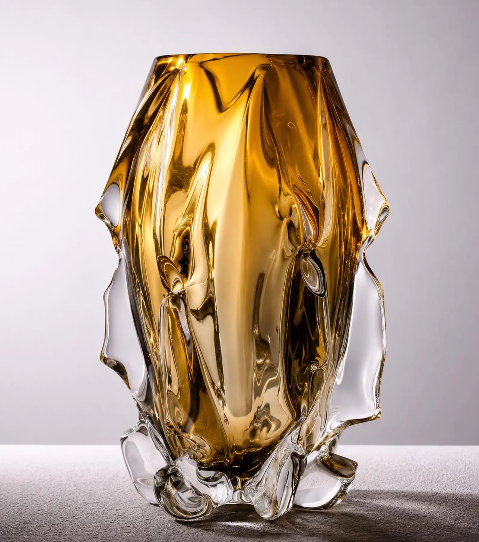 Luxury Crystal Glass Vase, Modern Art Glass Vase, Amber Gold Decorative Vase, Sculptural Centerpiece, Elegant Home Decor, Housewarming Gift