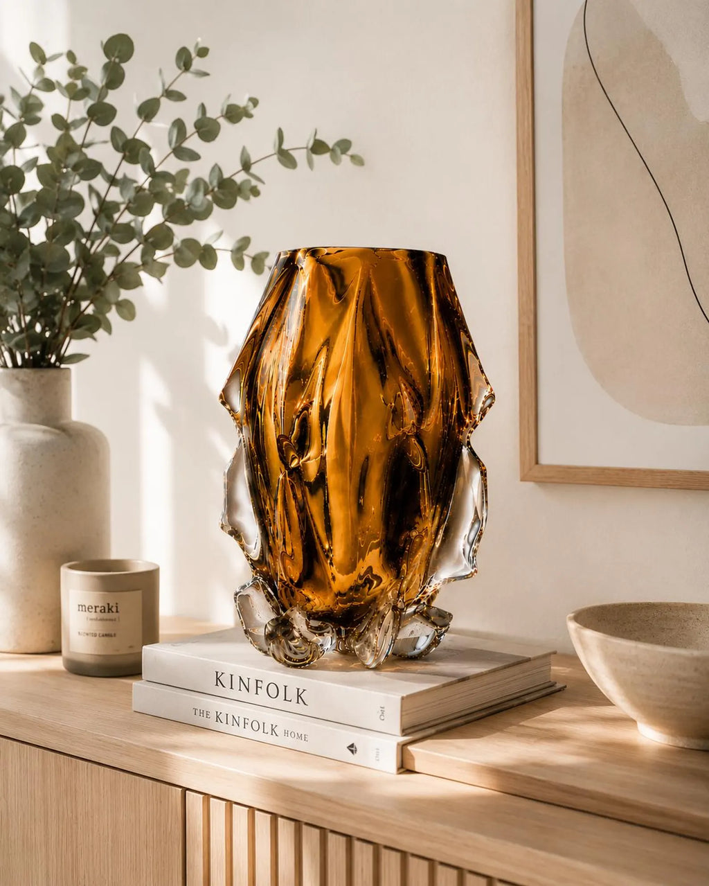Luxury Crystal Glass Vase, Modern Art Glass Vase, Amber Gold Decorative Vase, Sculptural Centerpiece, Elegant Home Decor, Housewarming Gift