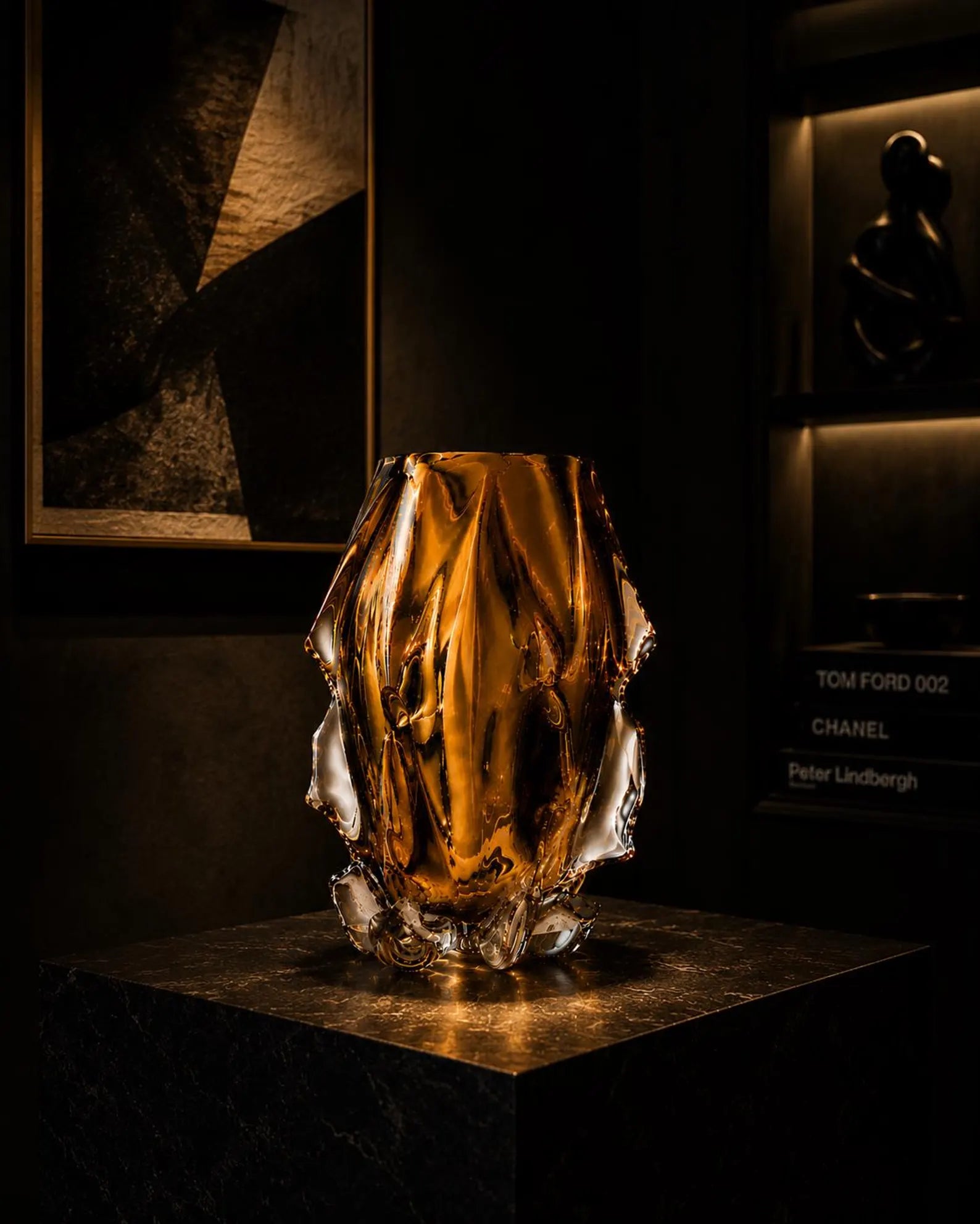 Luxury Crystal Glass Vase, Modern Art Glass Vase, Amber Gold Decorative Vase, Sculptural Centerpiece, Elegant Home Decor, Housewarming Gift